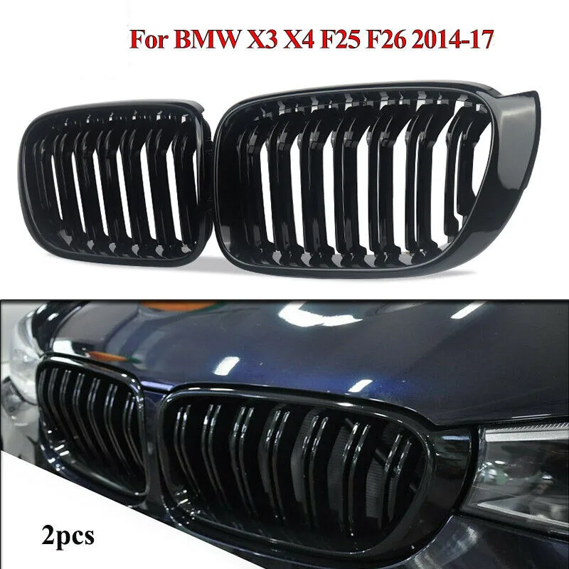 

Pair Front Kidney Grilles Gloss Black Double Dual Slat For BMW X3 X4 F25 F26 2014-2017 Replacement Racing Bumper Car Styling