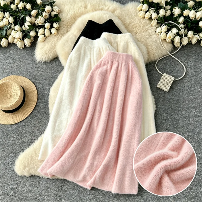 Karofi Women Imitation Mink Cashmere Knit Long Skirt Autumn Winter High Waist Fluffy Fuzzy Midi Skirt Solid Color Warm Swing Ski