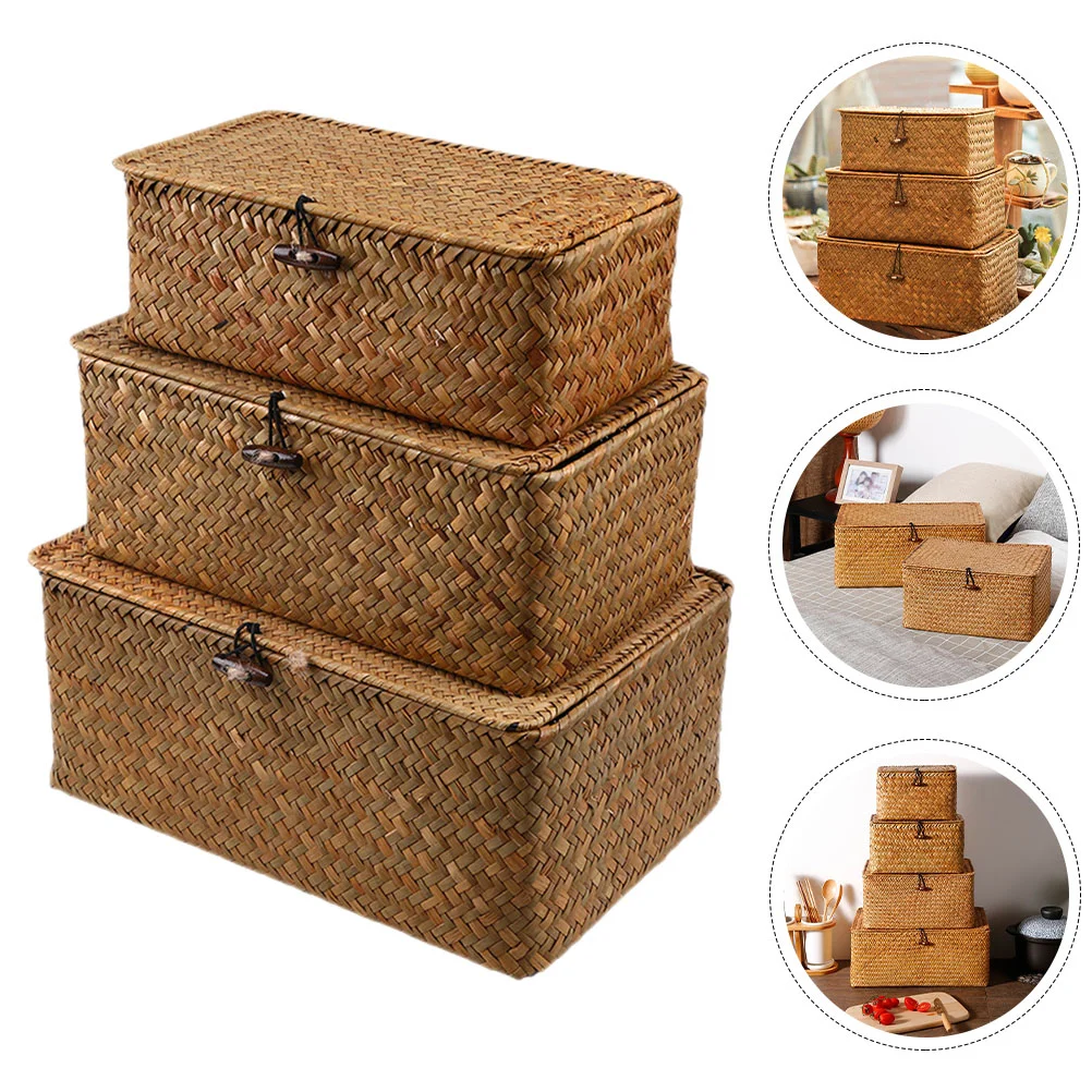 

3 Pcs Basket Decorative with Lid Portable Storage Case Toy Organizer Seaweed Desktop Baby Seagrass Small