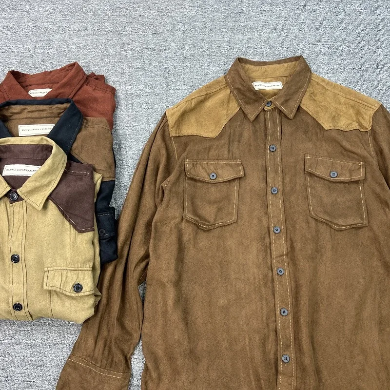 Worn-In Suede Long Sleeve Shirt Western Cowboy Style Collared Retro Men's Loose Fit Polyester Spring Autumn Vintage Flannel