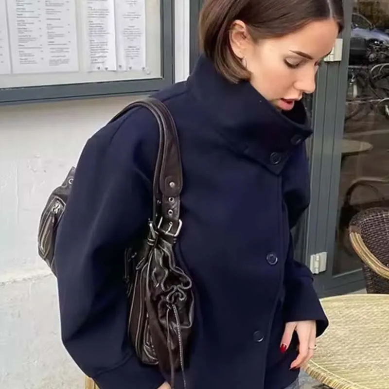 

YENKYE New Fashion Women Stand Collar Single Breasted Short Loose Woolen Coat Long Sleeve Autumn Winter Elegant Jacket