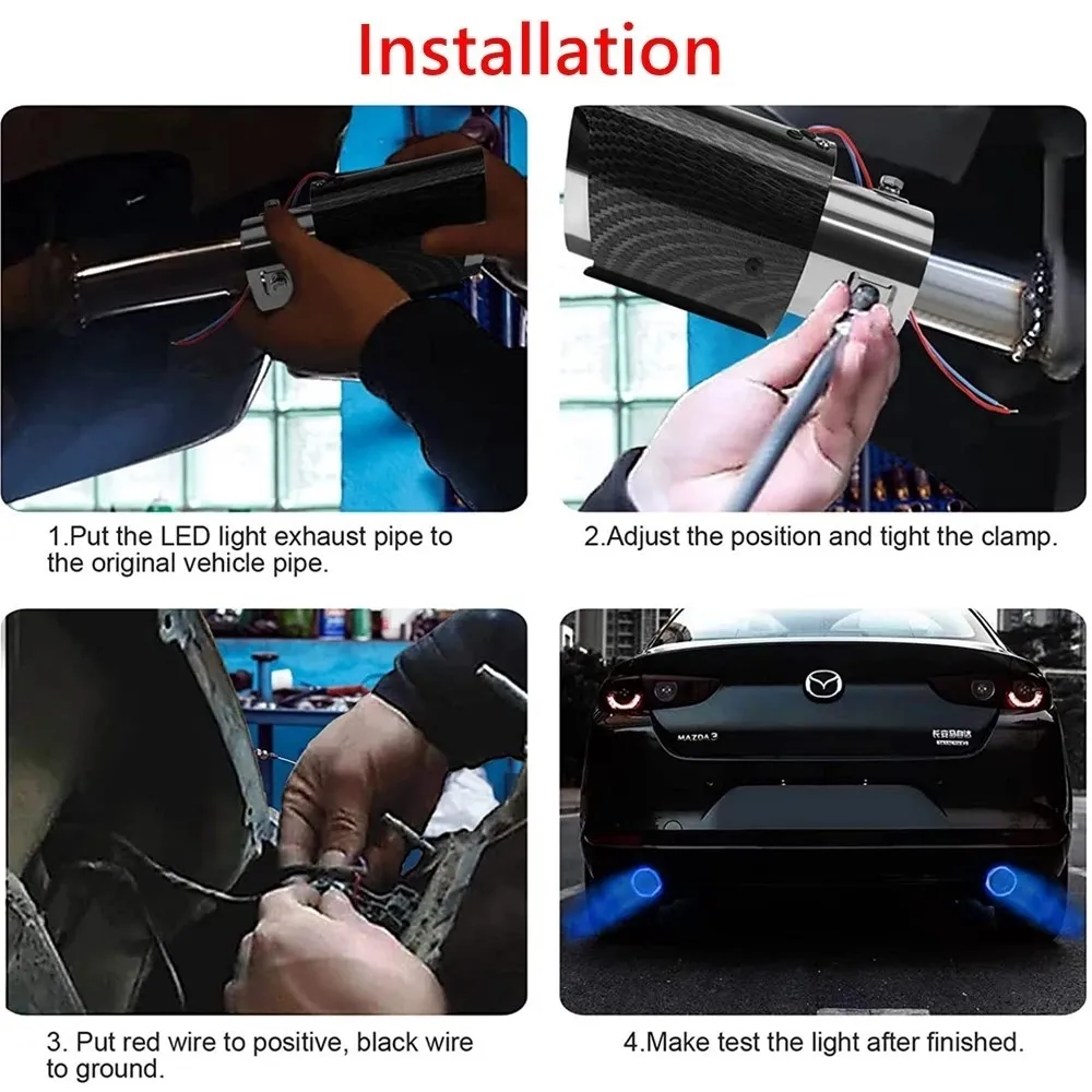 Universal Car LED Exhaust Muffler Tip Pipe Straight Car Modified Single Outlet Exhaust Pipe Tail Throat Red/Blue Light Flaming