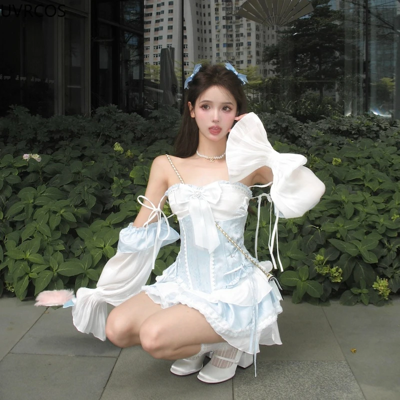 Blue Japanese Style Kawaii Lolita Dress Women Sexy Slash Neck Bow Elegant Party Mini Dress Female Korean Fashion Princess Dress