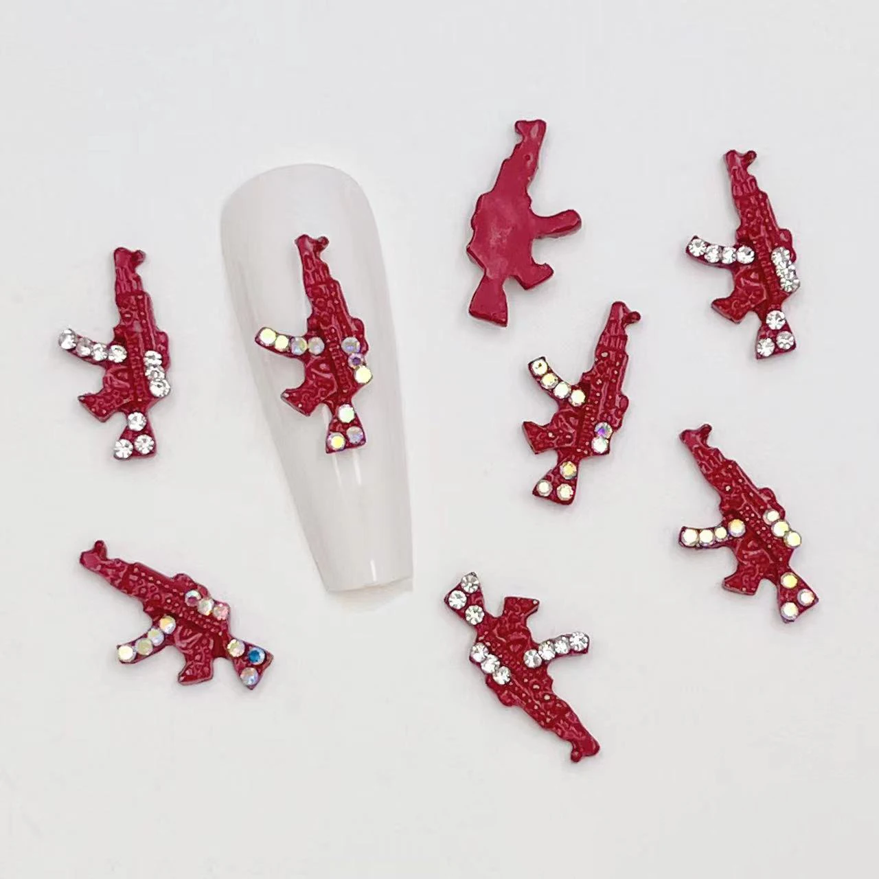 مسدس سحر الأظافر ، بخاخ الطلاء الأحمر ، سبائك المجوهرات الفاخرة ، 3D AB ، الماس الأبيض ، فن الأظافر المعدني ، ديكورات أحجار الراين ، 10: 10