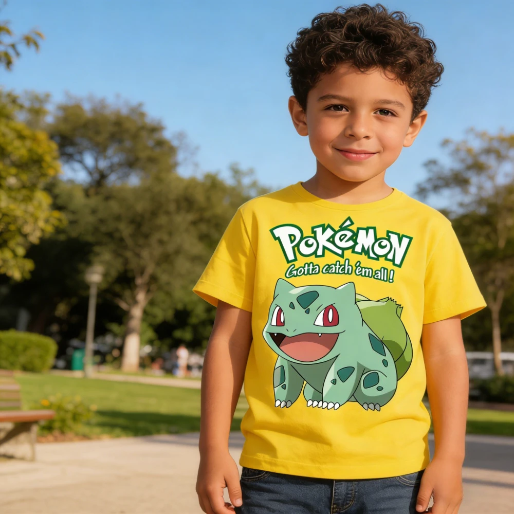 2026 Neues Sommer-Kinder-Kurzarm-T-Shirt mit Cartoon-Pokémon-Bulbasaur-Print, lässiges Baumwoll-T-Shirt für Kinder, Unisex, hochwertiges Oberteil