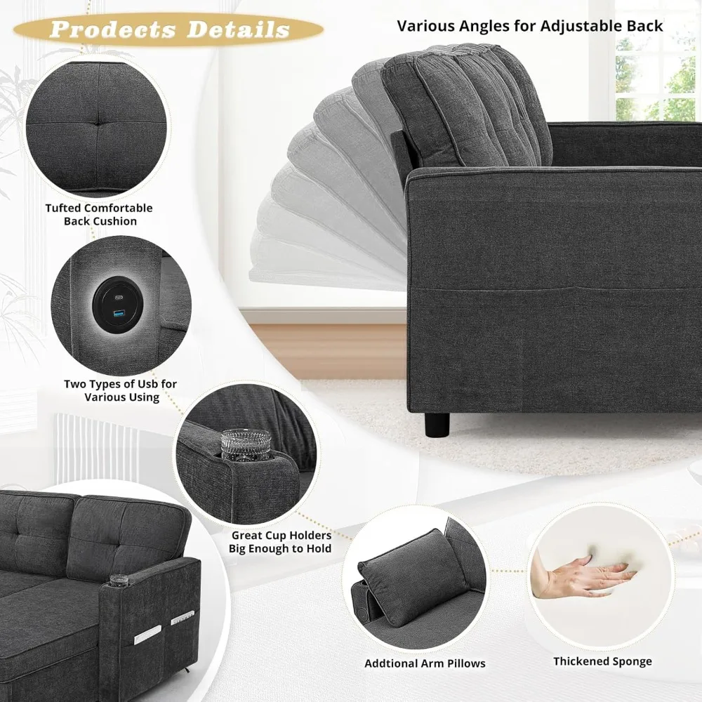 108 Inches Chenille Sectional Sofa w/Adjustable Back & Pull Out Sofa Bed, Tufted U Shaped Couch w/Two Storage Chaises, Sleeper image 5