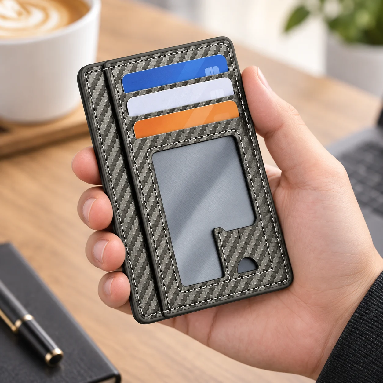 Men's Carbon Fiber Texture PU Card Holder Wallet, Slim Front Pocket Credit Card Case with ID Window, 3 Card Slots & Cash Pocket
