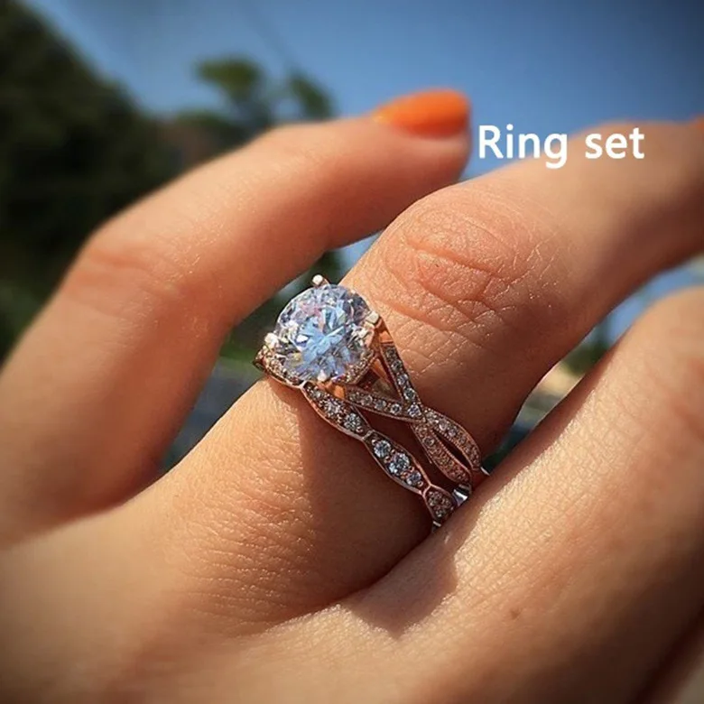 S925 silver new micro-inlaid zircon-plated 14k rose gold set ring, round diamond engagement ring.