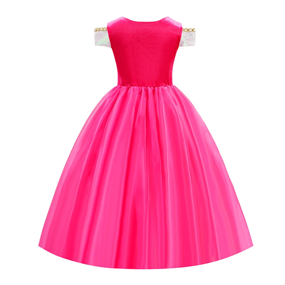 Kinder Rosa Feenprinzessin Kostüm Mädchen Geburtstag Schulterfreies Ballkleid mit Krone Zauberstab Handschuhe Set Kinder Halloween Kostüme – Detail 5