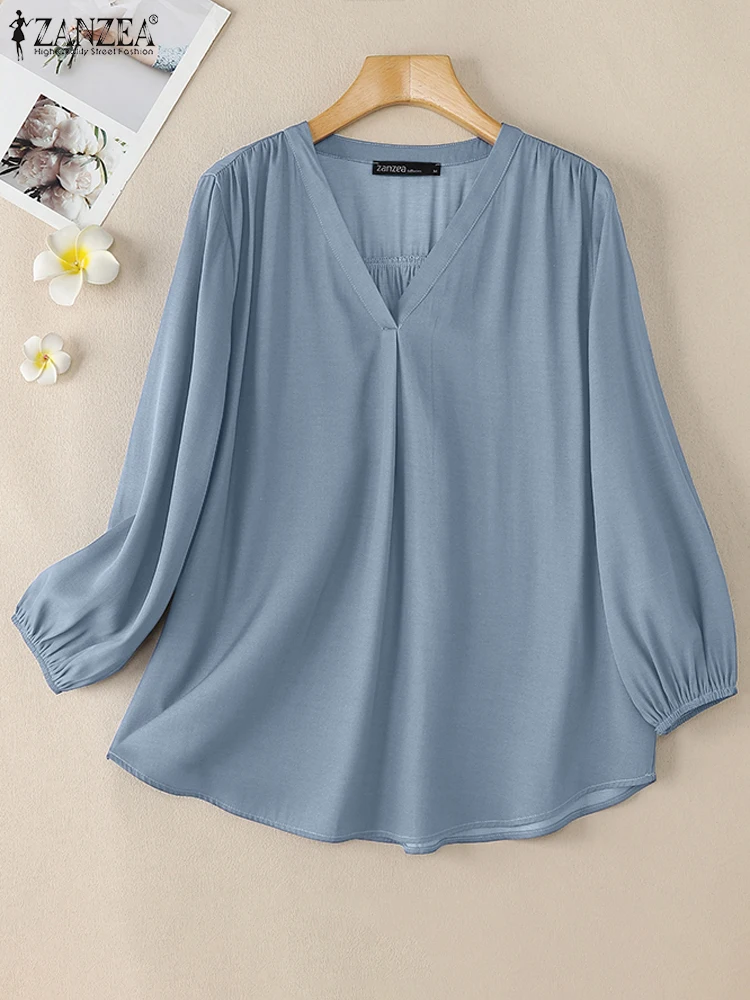 ZANZEA Fashion Women Blouse Trend 2024 Autumn V Neck 3/4 Sleeve Solid Tops Casual Loose OL Work Blusas Elegant Shirt Mujer