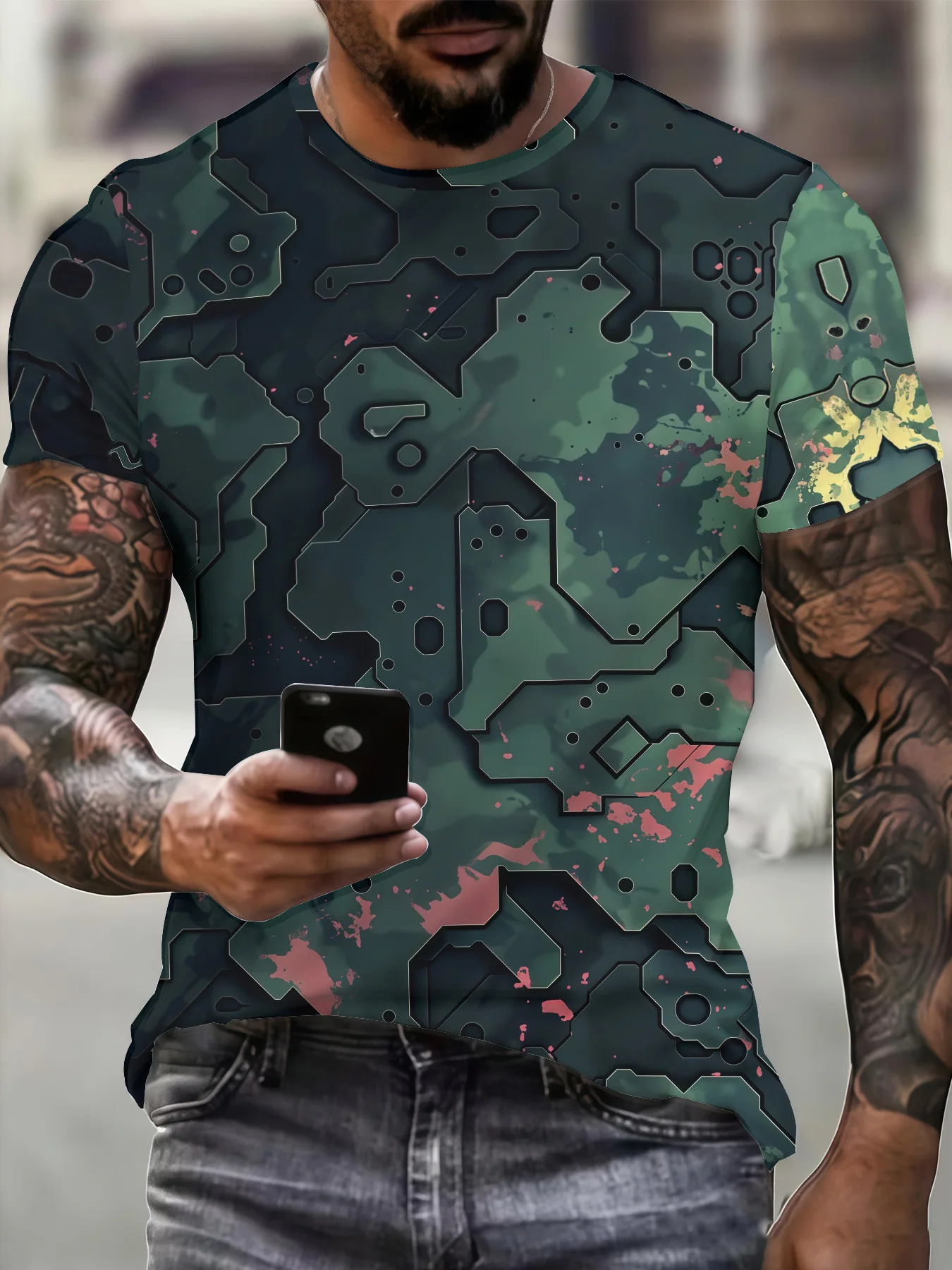Men's Crew Neck Tee 3D Green Tech Geometric Camo Pink Splash Print Casual Tops