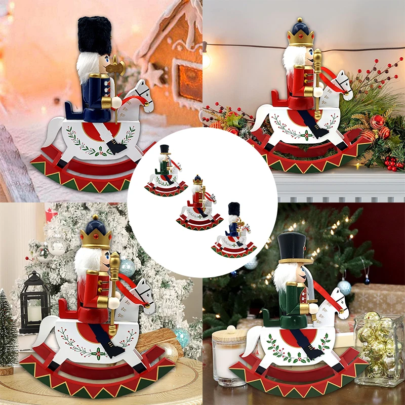 Wooden Rocking Horse Nutcracker Christmas Decorations Traditional Nutcracker Figures Desktop Home Ornament Xmas Party Supplies