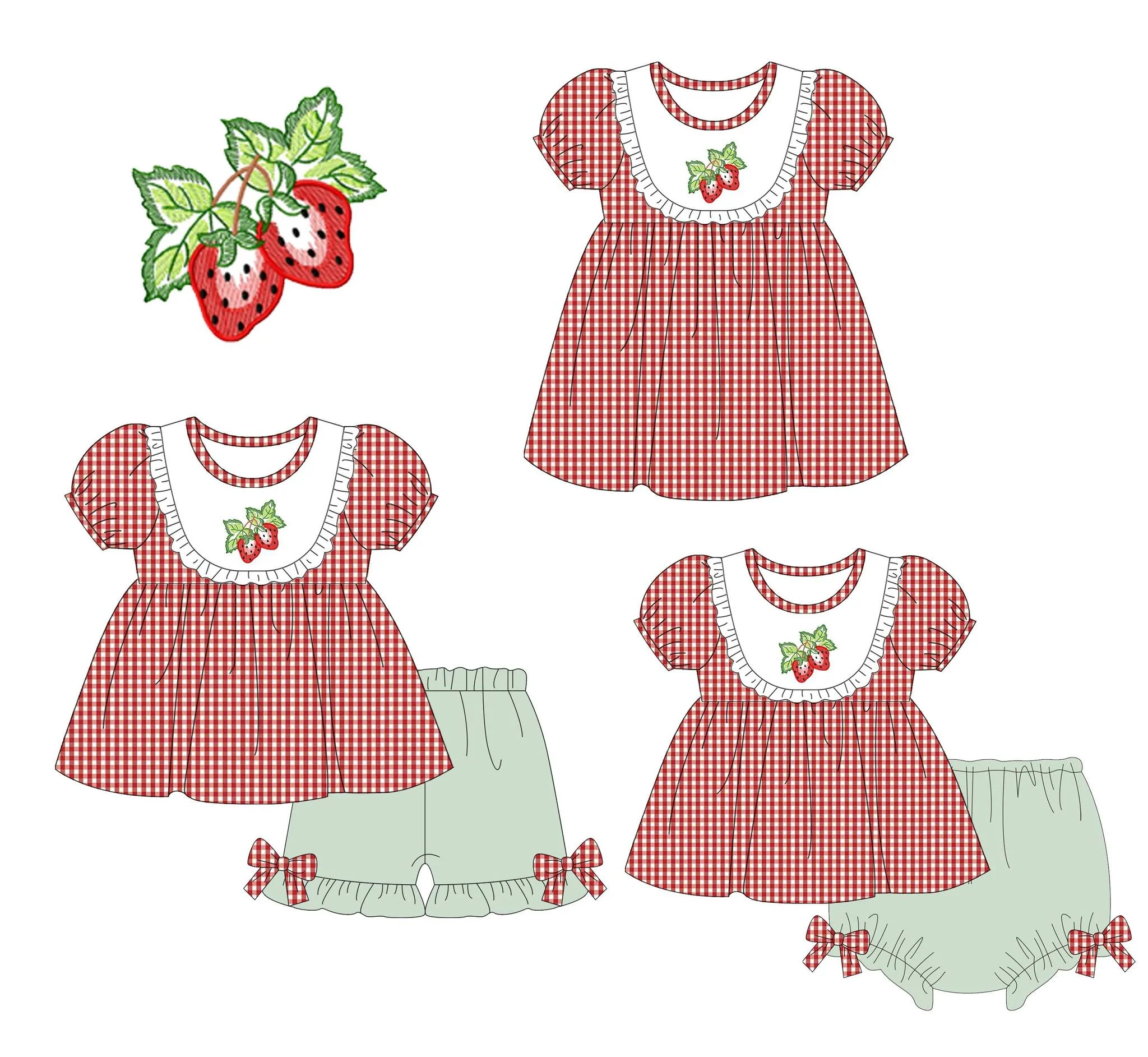 New Design Baby Girl Clothes Short Sleeveless Red Plaid Shorts Set Cartoon Strawberry Print Summer Casual Dresses