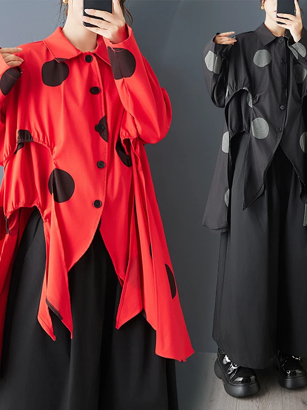 Faionable Asymmetric Loose Casual Women's irt Spring Autumn Irregular Print ular Design  Collar Long Sve Top