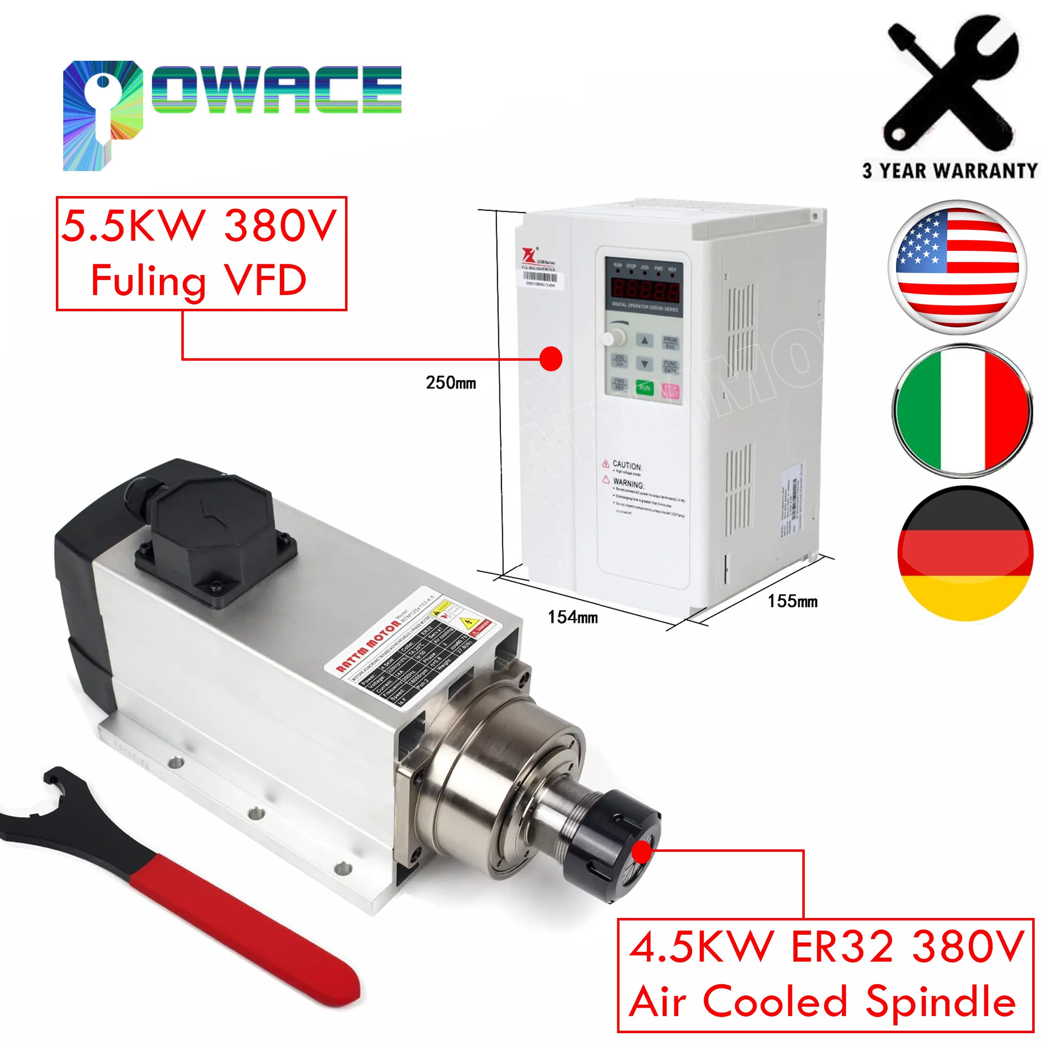 【EU Free Tax】ER32 Spindle Motor 4.5KW Air-cooled 380V 4Bearings 300Hz & Matched 5.5KW Inverter VFD CNC Woodworking Router