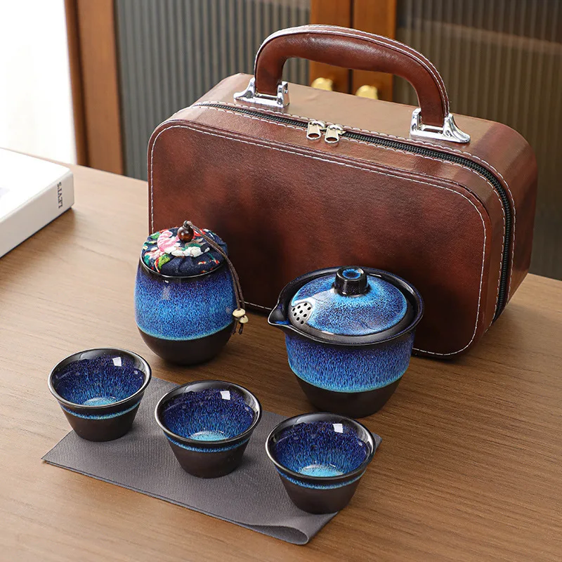 Kiln-Changed Travel Tea Set One Pot Three Cups Business Kung Fu Portable Teapot Home Gift