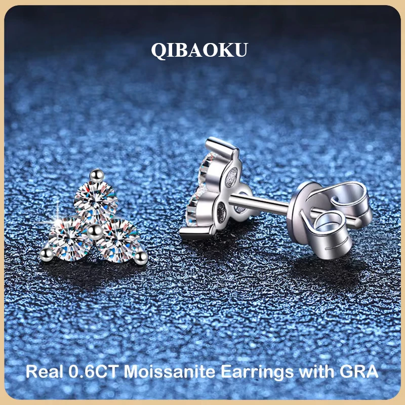 QIBAOKU In 3-Stone 0.1CT Moissanite Stud Earr...