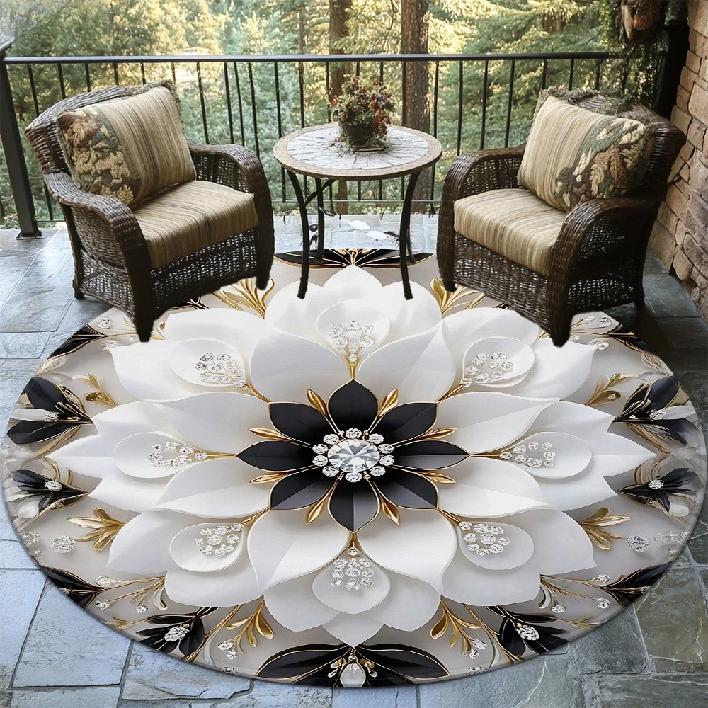 Boho Vintage Mandala Floral Round Rug  Neutral Earth Tone Lotus Mandala Circular Mat Non Slip Bohemian Living Room Chair Carpet