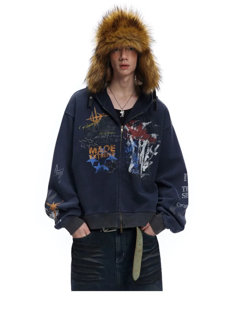 

Мужские толстовки с потертостями и граффити Y2k, женские толстовки с капюшоном на молнии в стиле хип-хоп, модные винтажные пальто большого размера