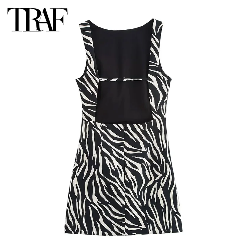 TRAF Women\'s Summer Short Dresses 2024 Sexy Elegant Party Mini Printed Dresses Ladies Fashion Casual Backless Sleeveless Dress