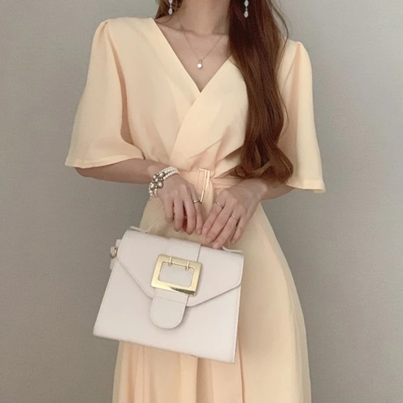 REALEFT Frühling Sommer Damenkleider mit ausgestellten Ärmeln, Schärpen, 2025, neues vorderes Kreuz, V-Ausschnitt, elegantes, lässiges, gerades Kleid für Damen