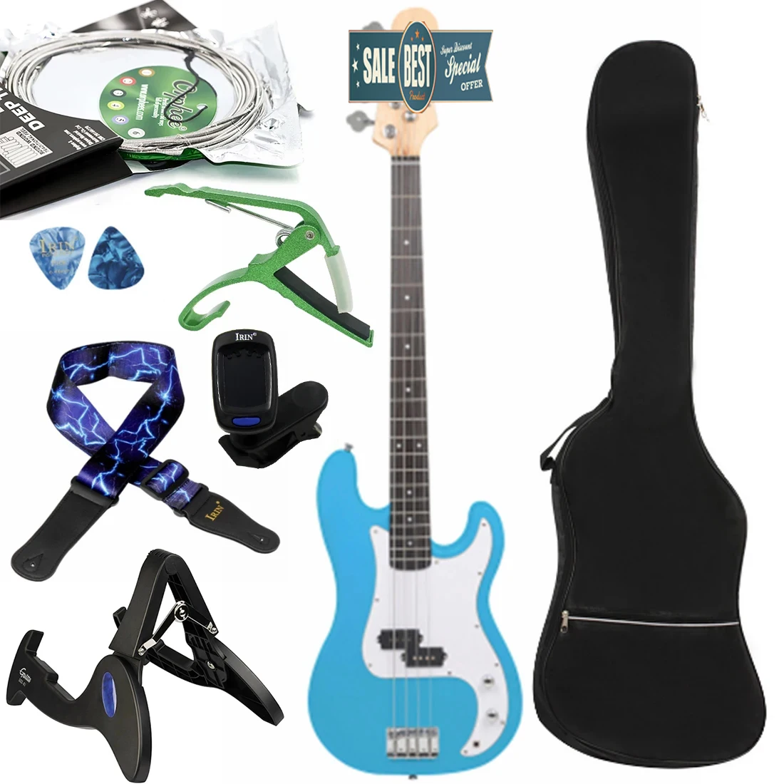 Bajo eléctrico de 4 cuerdas azul cielo, 20 trastes, cuerpo de tilo, bajo con cuerdas afinadoras, soporte para capo, accesorios de correa