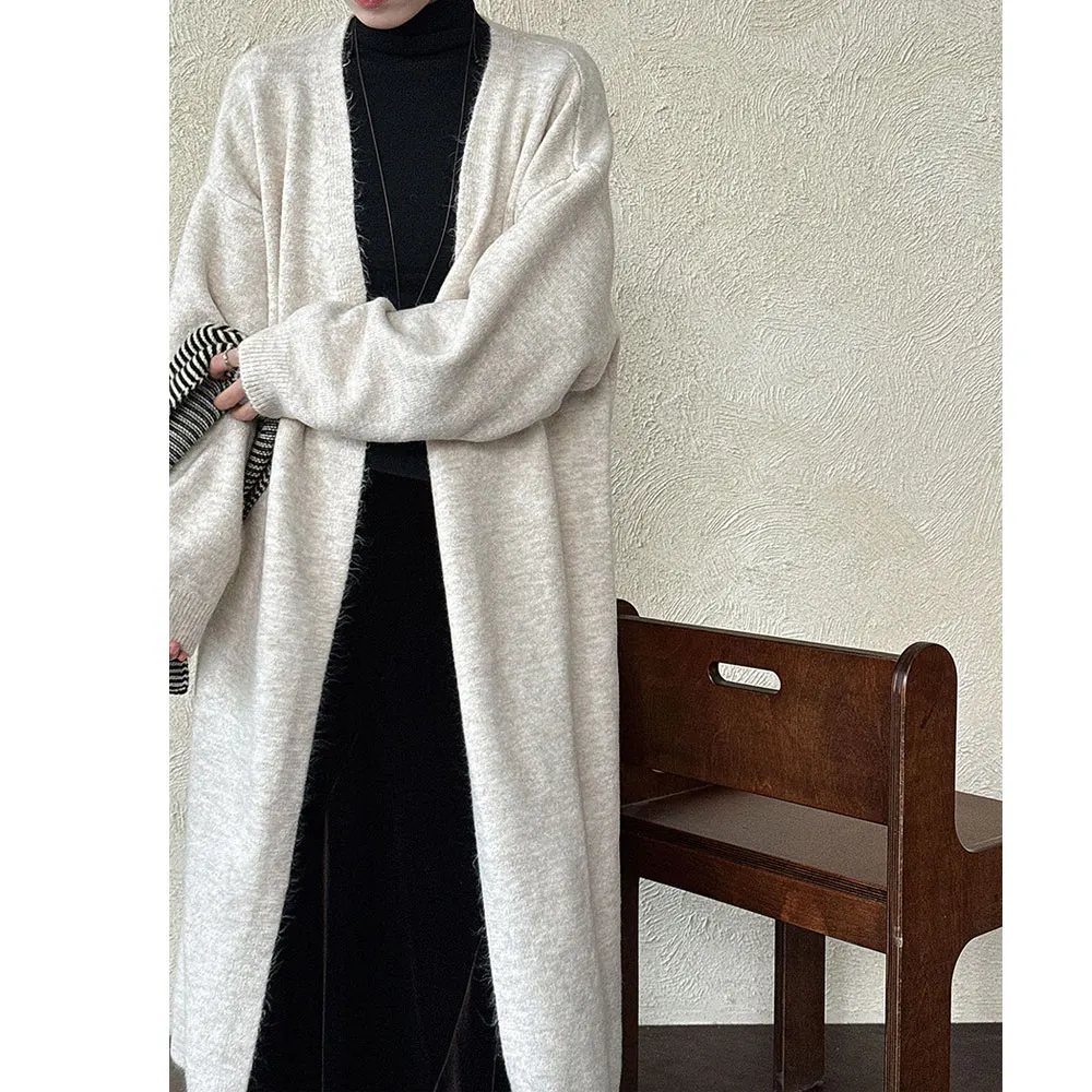 2025년 신상 여성 니트 롱 스웨터 코트 오픈 스티치 브이넥 긴팔 가디건 가을 겨울 여성용 상의 스웨터