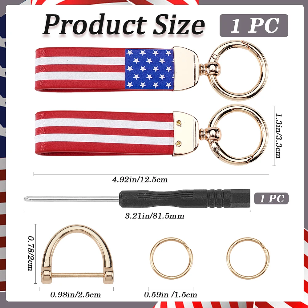 Anti-Lost D-Ring Auto Key Chain Red American USA Flag Keychain Gold Metal Keychain 360 Degree Rotatable Keyring with Ring