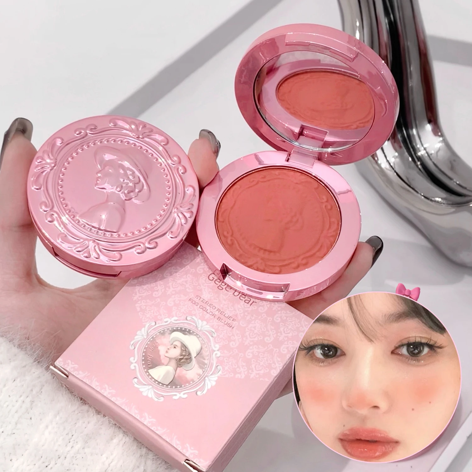 3D Embossed Girl's Blush Press Powder Nude Natural Matte Orange Brown Face Check Contouring Blusher Rouge Makeup Blush Palette