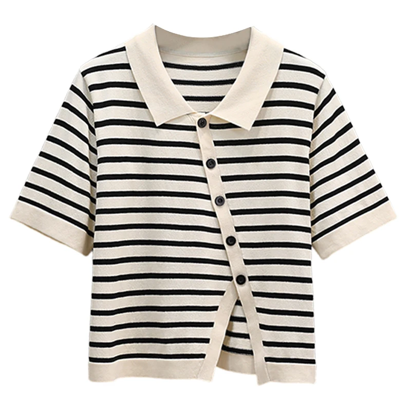plus Size Striped Knitted Short Sleeve T-Shirt Women Summer Fashion Asymmetrical Shirt Top for Pear Shaped Body 2