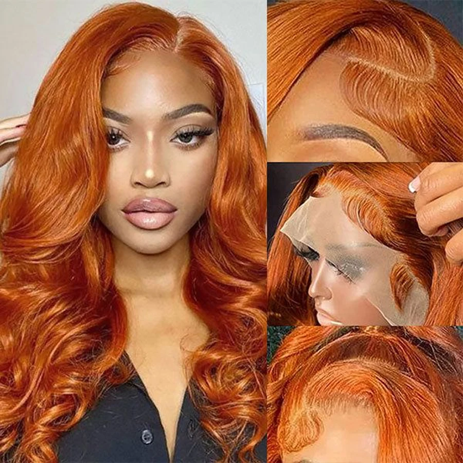 Perucas dianteiras do laço da onda do corpo brasileiro para mulheres, cabelo humano colorido transparente, gengibre laranja, peruca frontal de renda 13x4,