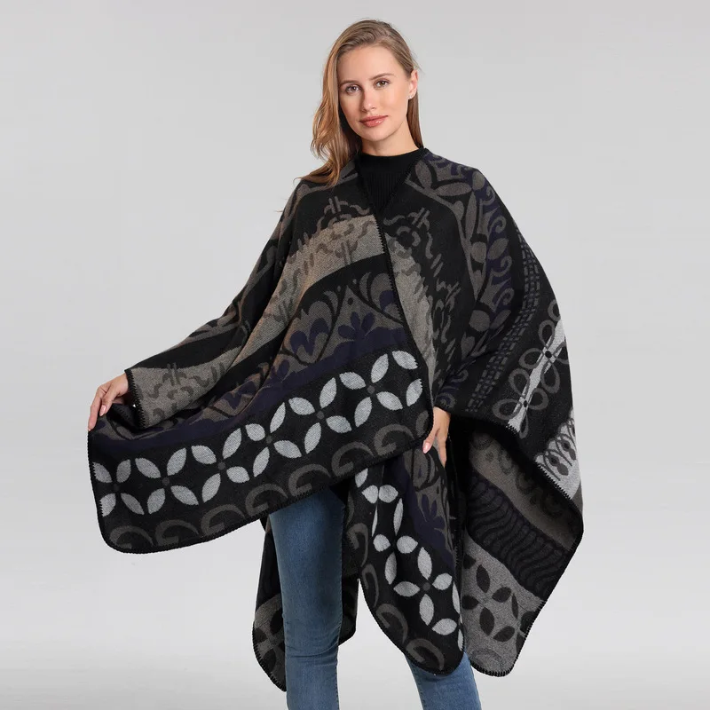 New shawl, European and American fashion scarf, knitted jacquard pattern, split design, cape style
