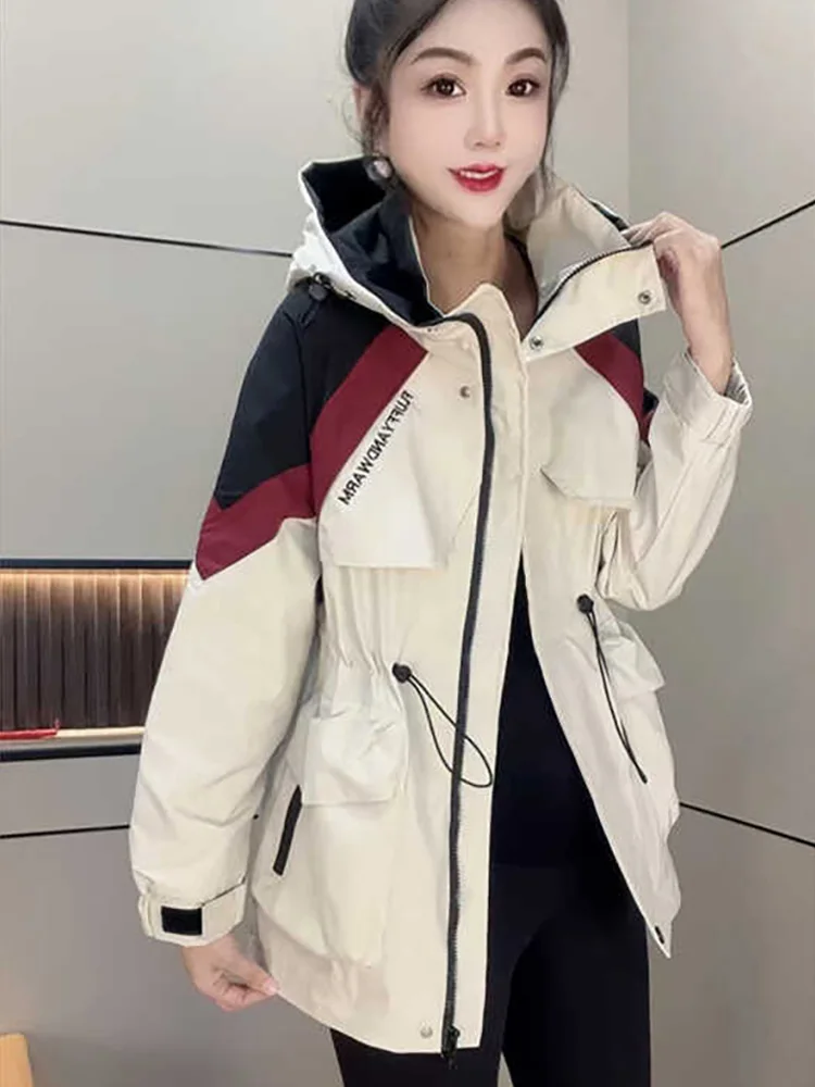 Women's Autumn Winter Cotton Jacket Color Block Contrast Zipper Hooded Coat Versatile Medium Length Casual Fashion Outerwear