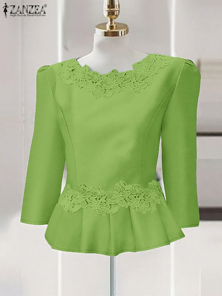 بلوزات ZANZEA النسائية الأنيقة المرقعة بالدانتيل موضة خريف 2025 رقبة مستديرة 3/4 كم بلوزات بحاشية مكشكشة بلوزات بيبلوم صلبة