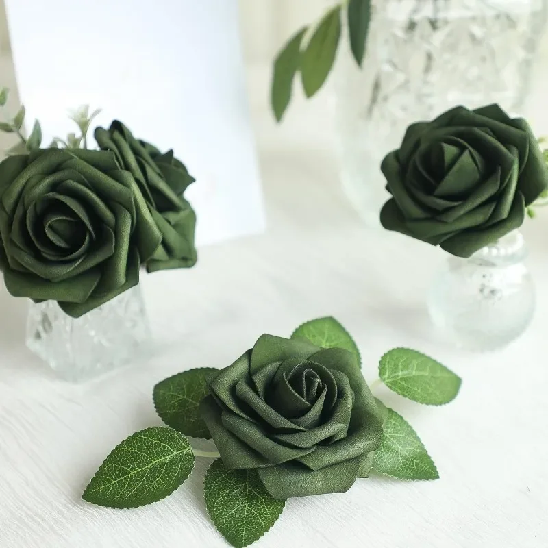 Artificial Flowers 25pcs Real Looking Forest Green Ombre Colors Foam Fake Roses with Stems for DIY Wedding Bouquets Bridal Showe