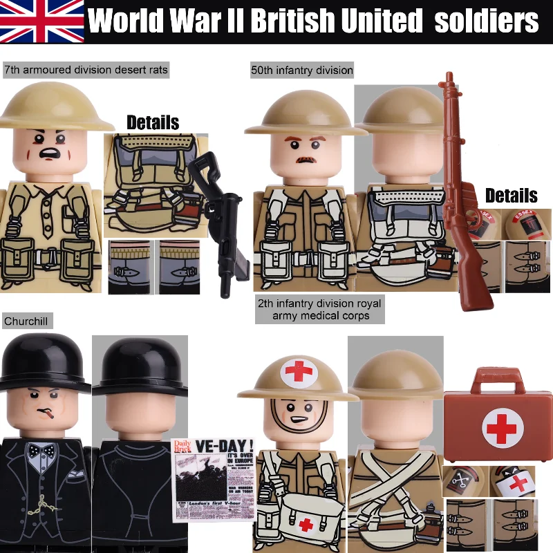 British Soldiers Figures Churchill Army WW2 Medical Corps Infantry Building Blocks Bricks War Scene Weapons Toys Boys Kid Gift