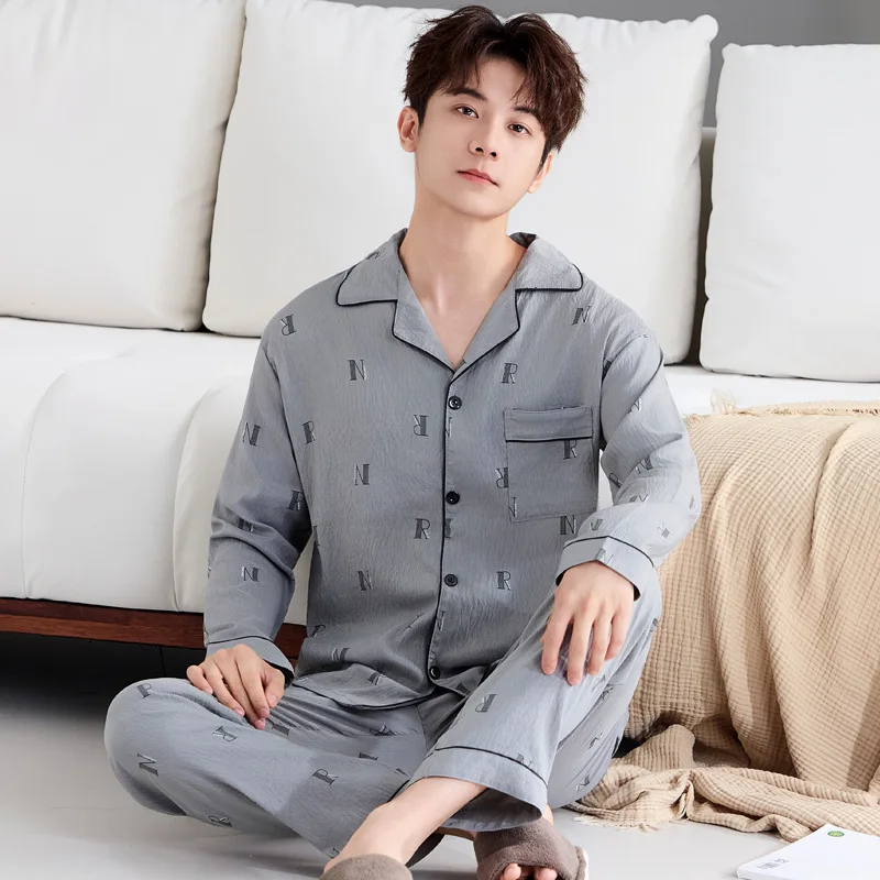 Korean-Style Men's Plus-Size Pyjama-Style Spring/Autumn Cloud-Cotton Long-Sleeved Set Premium-Quality Loungewear for Young Adult