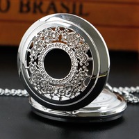 Silver Hollow Pattern Necklace Quartz Pocket Watch Old Vintage Fashion Chain Pendant Pocket Timer Gift Relogio Masculino
