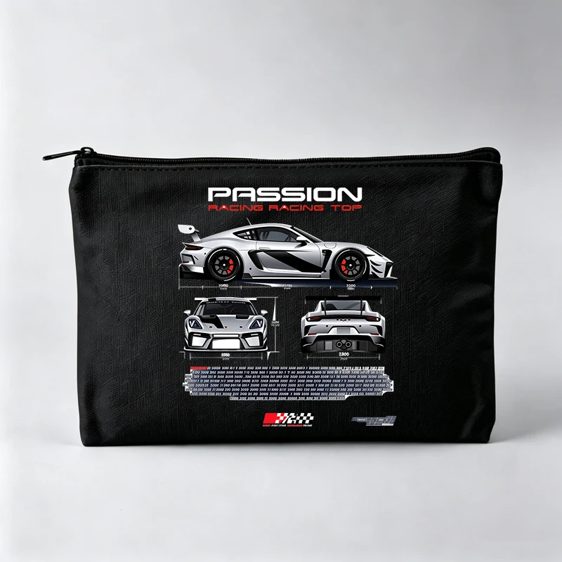 Women's Racing Car Graphic Makeup Bag with Typography Print, Zipper Cosmetic Pouch for Daily Use