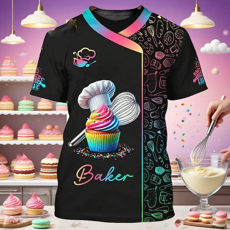 Fun Baking Work Clothes Cartoon 3D Print Graphic Cake Short Sleeve Loose T Shirts Cake And Bread Pattern Personality Cook Tee