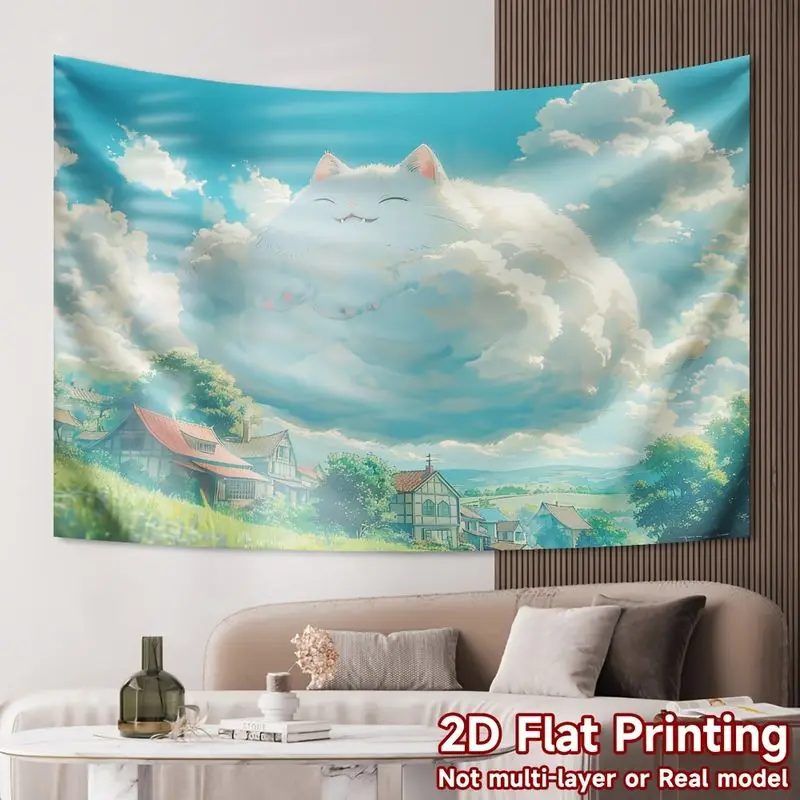 VIKAMA Healing Clouds Fat Cat Countryside Town Japanese Anime Tapestry, Soft Kawaii Wall Hanging for Bedroom