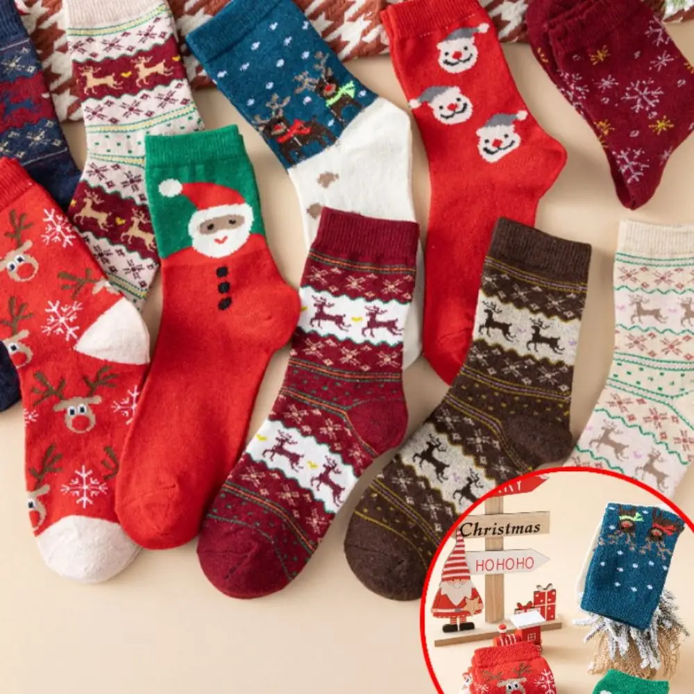 5Pairs Fashion Santa Claus Christmas Socks Novelty Cotton Knit Santa Stockings Xmas Gift Thickness Xmas Funny Socks Unisex