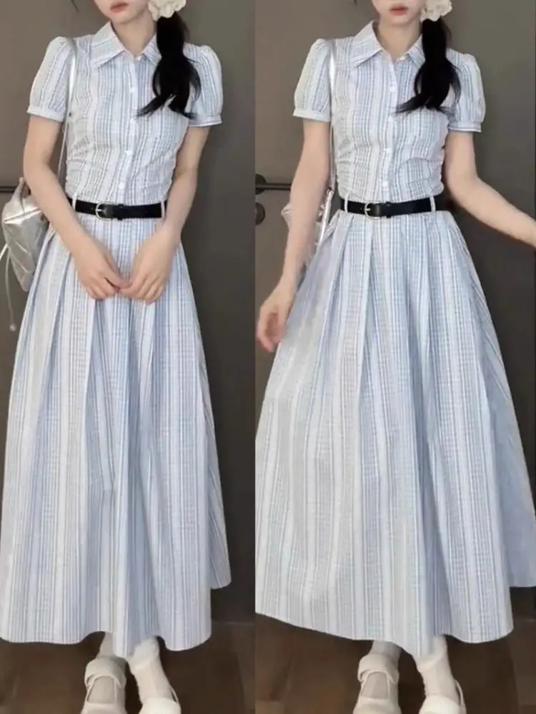 Koreański College Sle Dr Summer Bubble Sve Ultra Beautiful Waist Cinching Slimming Blue Stripes Collar irt Dr
