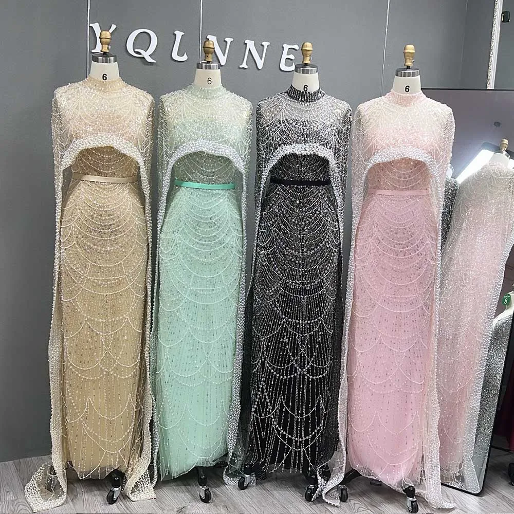 Luxury Dubai Champagne Evening Dresses with Cape Pearls Beaded Arabic Women Mermaid Wedding Party Prom Dress