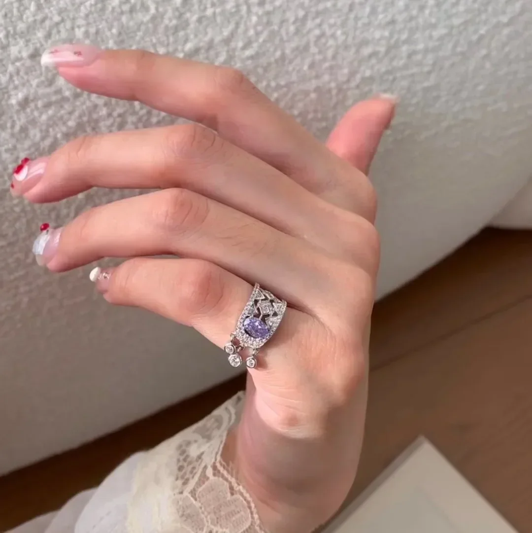 tassel purple tail ring Light luxury exquisite silver 925 diamond amethyst rings for women unique fashion retro wedding jewelry