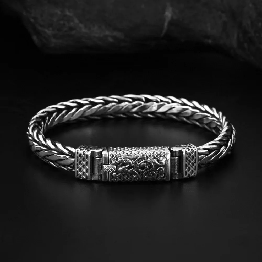 

Real Solid 925 Sterling Silver Chain Men 9mm Dragon Braided Wheat Foxtail Bracelet 20cm/59g