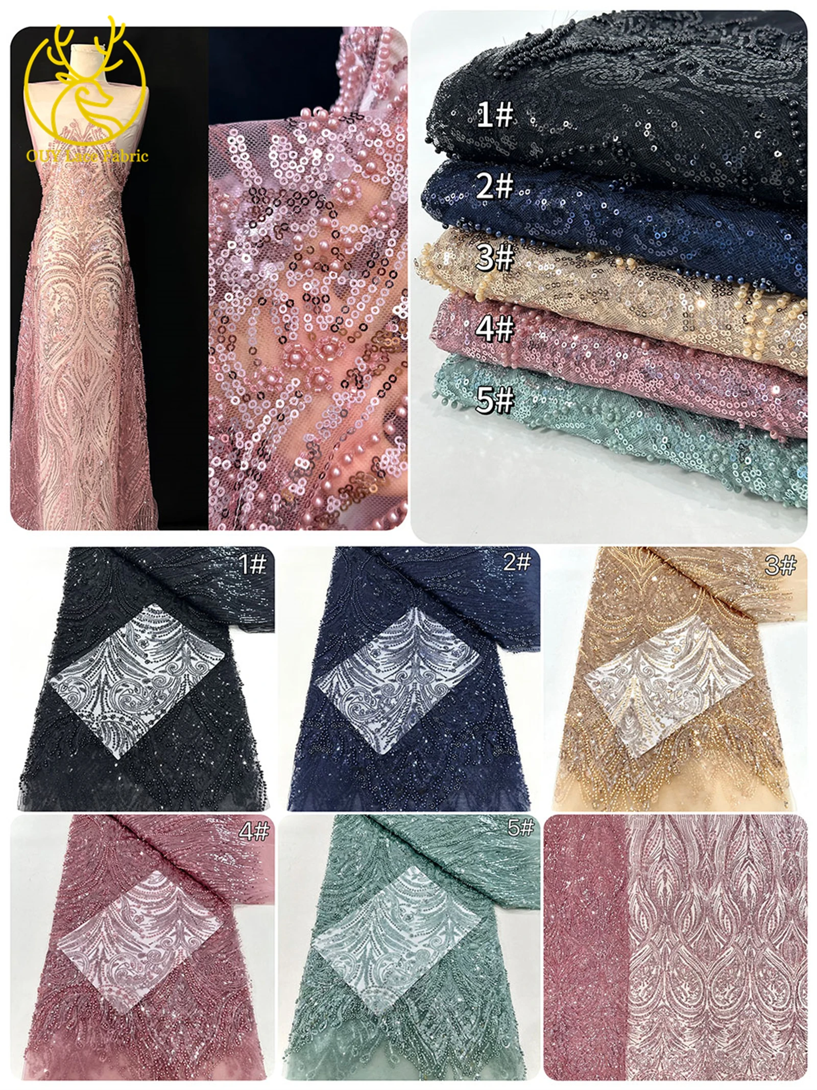 Beautiful African Beaded Sequin Lace Fabric 2025 High Quality French Nigerian Mesh Tulle Lace Fabric for Bridal Wedding Dresses