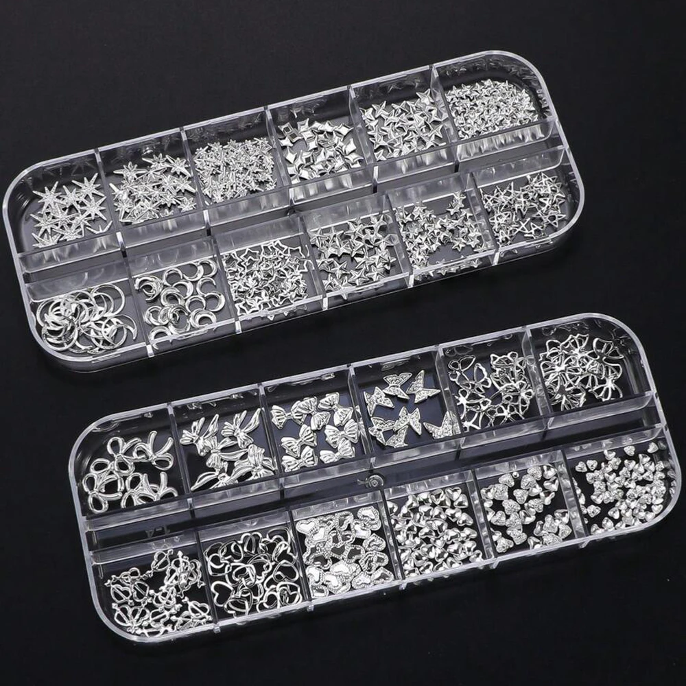 12 Rejillas de Mini Adornos Metálicos para Uñas, Hexagramas de Cobre, Cruz Plateada, Estrellas, Remaches, Dijes para Uñas, DIY Y2K, Brillantina, Accesorios de Joyería para Manicura