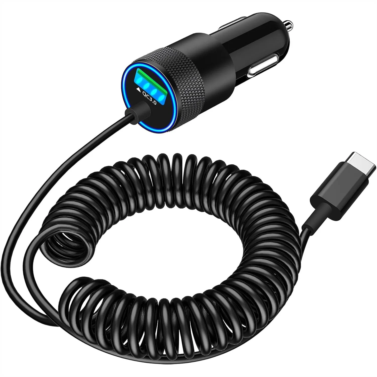 

iPhone Car Charger Fast Charging 75W USB C PD&QC with Coiled Cable for iPhone and Galaxy - Reliable Power on the Go