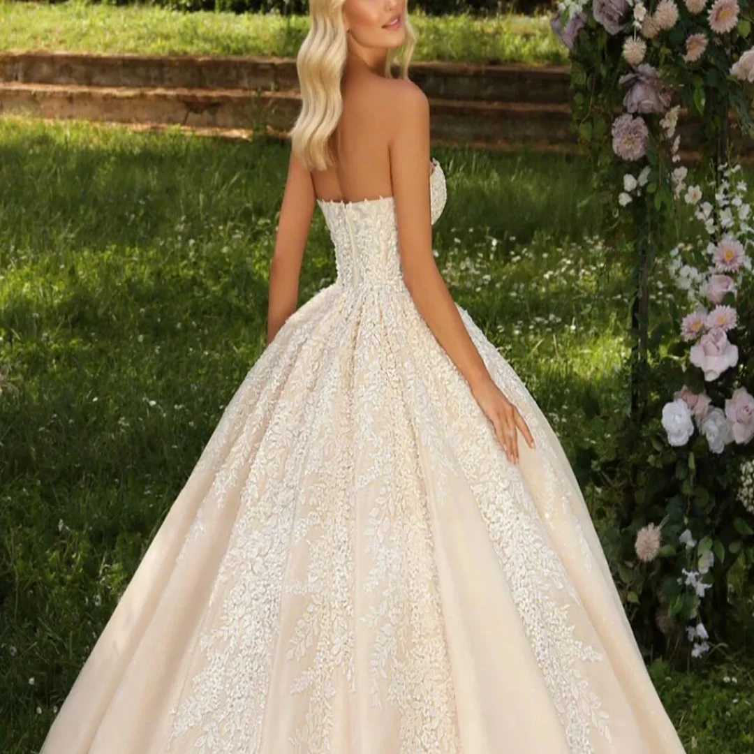 Customized classic sweetheart wedding applique backless court train formal evening gown for brides